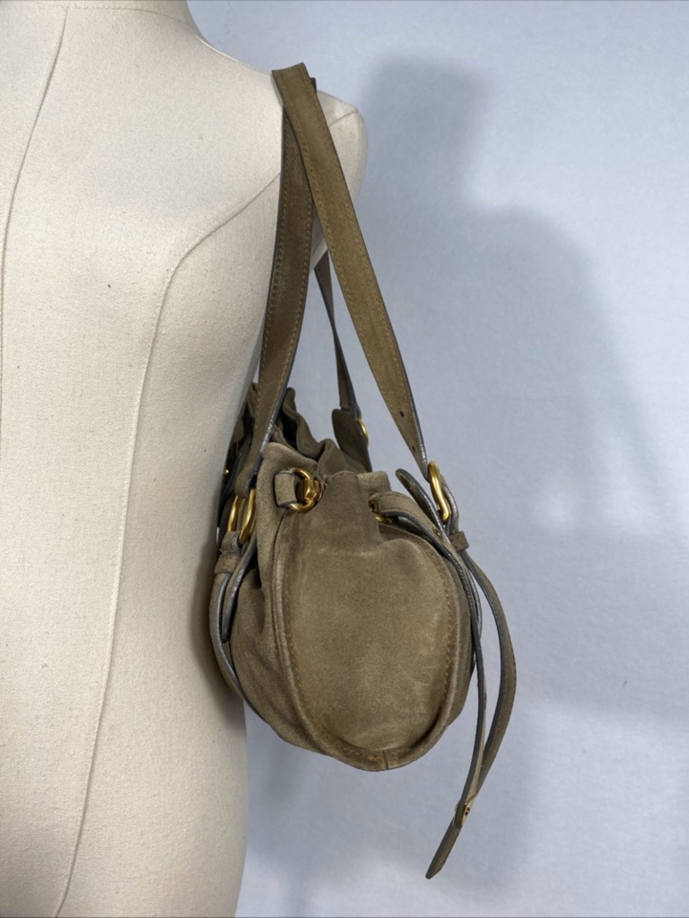 Miu Miu Olive Green Suede Shoulder Tote with Gold Hardware 90s Y2K - Picture 10 of 13
